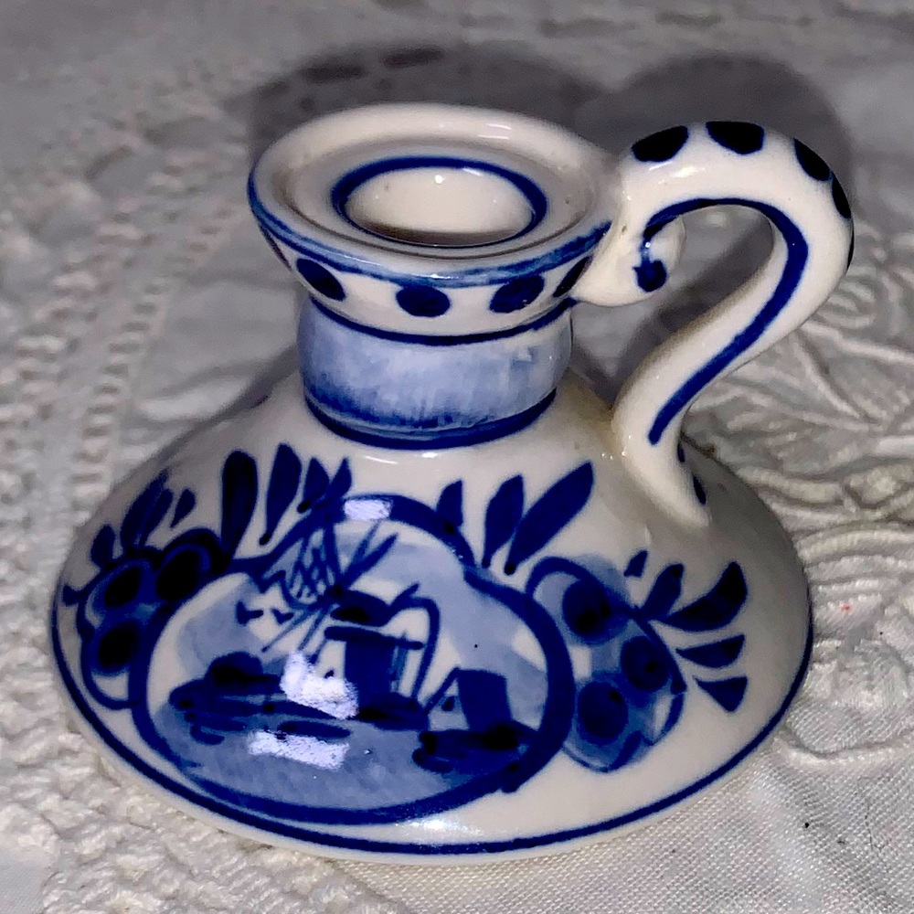 Vintage Delft Blue Porcelain Chamber Candlestick Holder Windmill Design